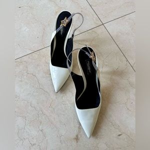 Dolce & Gabbana White Patent Leather Star Pointed Toe Sandals Heels 37.5 US 7